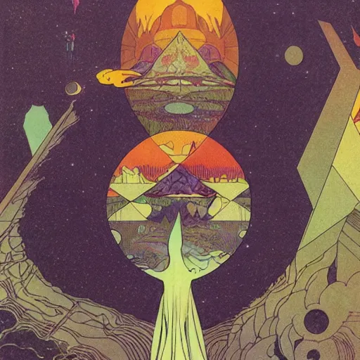 Prompt: tycho album art by Maurice Sendak, Moebius, Mucha, Magritte, McFarlane, Mignola, fractal geometry, mid-century