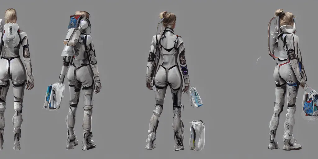 Image similar to Front and back view of a woman in scientist jacket with a system of straps and pouches for collecting material by Tetsuya Nomura with Ralph Horsley and Mario Testino, trending on artstation and pixiv clean sci-fi concept art and sheet that using unreal engine 5 render and hyper detailed 3D texture with cinematic software light