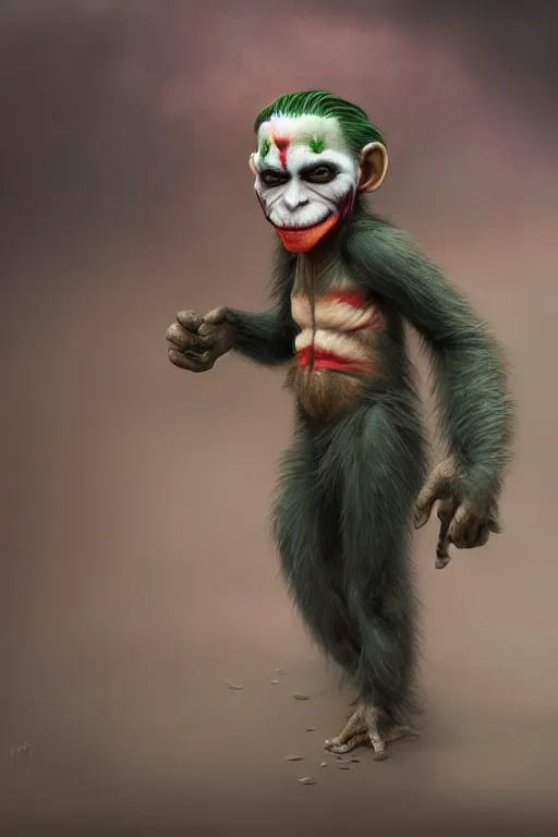 Image similar to miniature joker ape kid, realistic and ultra intricate detailed soft painting, volumetric lighting, mist, cityscape background, Artstation, Tom Bagshaw Yasushi Nirasawa Moebius artstyle, unreal render, depth of field,