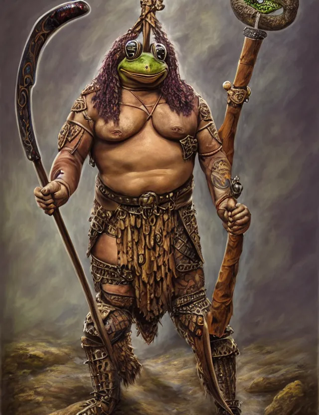 Prompt: anthropomorphic bipedal frog that is dressed as a medieval barbarian, and holding a giant club, as a matte oil painting, d & d character reveal, by alex grey, standing, fullbody, tattoos, piercings, knickknacks, mystic, concept art, award - winning, extremely detailed, sharp focus