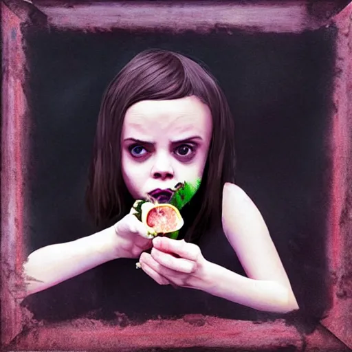 Image similar to young vampire christina ricci eating a clove of garlic, art by beeple