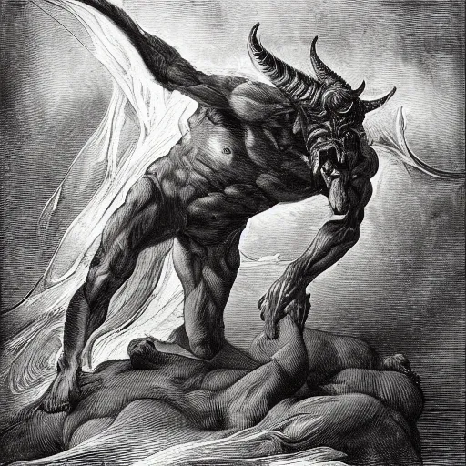 Image similar to full body grayscale drawing by Gustave Dore of muscled horned humanoid beast, swirling flames