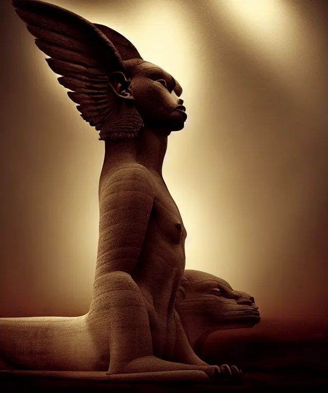 Image similar to epic professional digital art the sphinx, horrific yet beautiful vibe, evocative, atmospheric lighting, painted, intricate, highly detailed, by leesha hannigan, wayne haag, reyna rochin, ignacio fernandez rios, mark ryden, iris van herpen, artstation, cgsociety, stunning, gorgeous, sharp focus, cinematic, masterpiece