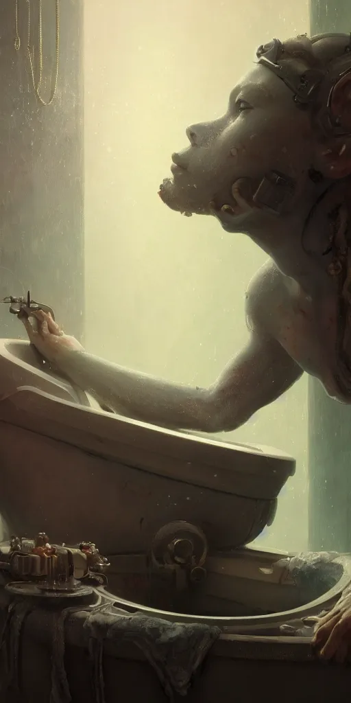 Prompt: close up face portrait of a machine dreaming with it's eyes open in a bathtub inside of a apocalyptic bathroom, extremely detailed digital painting, in the style of fenghua zhong and ruan jia and jeremy lipking and peter mohrbacher, mystical colors, rim light, beautiful lighting, 8 k, stunning scene, raytracing, octane, trending on artstation