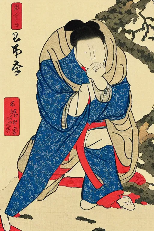 Image similar to Ukiyo-e art of gopnik squatting under birch