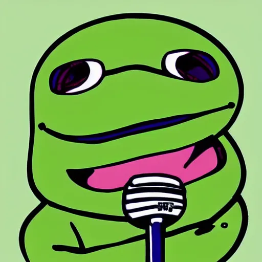 Prompt: cartoon drawing of pepe the frog singing into a microphone, pepe, artstation, cartoon