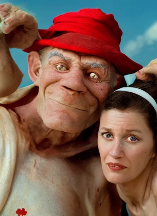 Image similar to closeup portrait of popeye and olive oyl, depth of field, zeiss lens, detailed, symmetrical, centered, fashion photoshoot, by Annie Leibovitz and Steve McCurry, David Lazar, Jimmy Nelsson, Breathtaking, 8k resolution, extremely detailed, beautiful, establishing shot, artistic, hyperrealistic, beautiful face, octane render