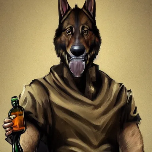 Image similar to a humanoid german shepherd beast - man in military style, holding a bottle of beer, artstation, concept art, smooth, sharp foccus ilustration, artstation