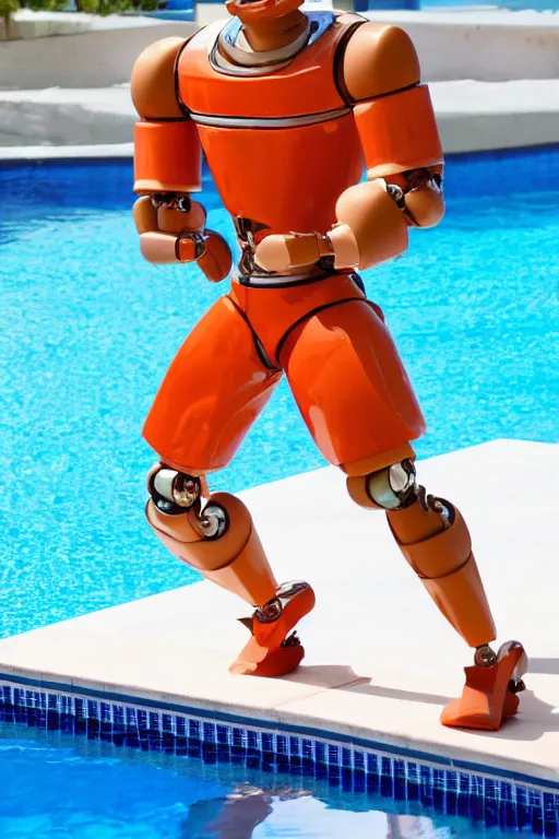 Image similar to a handsome robot bodybuilder with blonde hair who is also a male android, ken doll, muscular, wearing a cut-off white crop top and short light orange shorts stands by a swimming pool, shiny skin, robotic