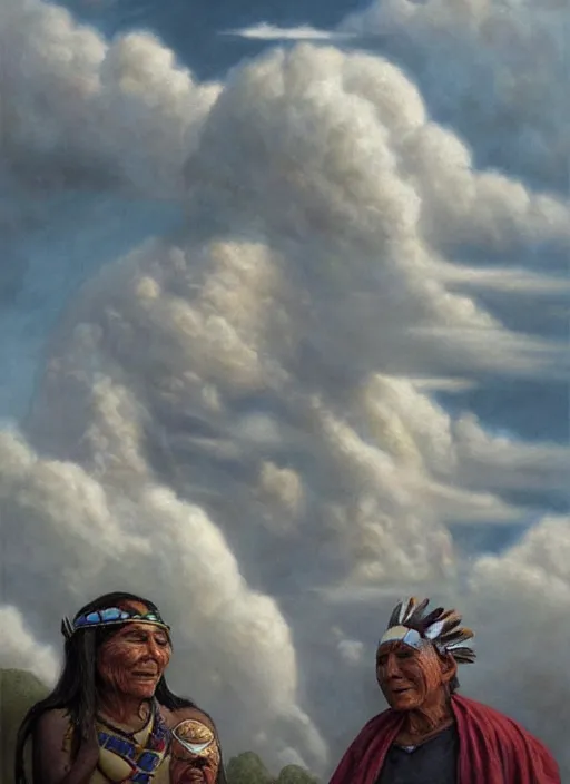 Image similar to faces of an indigenous amazonian grandfather and grandmother spirits in the clouds, smiling, protection, benevolence, ancestors, detailed faces, art by christophe vacher