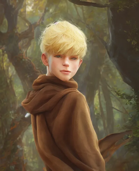 Prompt: blonde boy wearing a brown cape and flying, forest background, au naturel, hyper detailed, digital art, radiant highlight, trending in artstation, cinematic lighting, studio quality, smooth render, unreal engine 5 rendered, octane rendered, art style by klimt and nixeu and ian sprigger and wlop and krenz cushart.