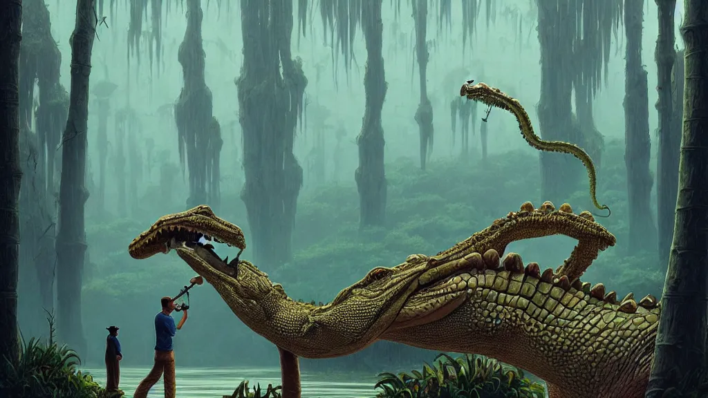 Image similar to a man with the head of an alligator holding a saxaphone, intricate, detailed, volumetric lighting, sharp focus, scenery, photorealism, digital painting, highly detailed, concept art, by roger dean and simon stalenhag and mark brooks