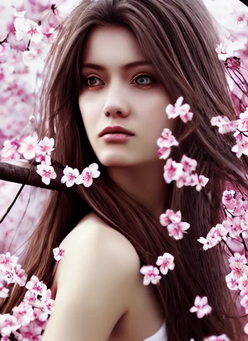 Image similar to photo of a gorgeous female with messy hair in the style of stefan kostic, realistic, body shot, sharp focus, 8 k high definition, insanely detailed, intricate, elegant, art by stanley lau and artgerm, cherry blossoms