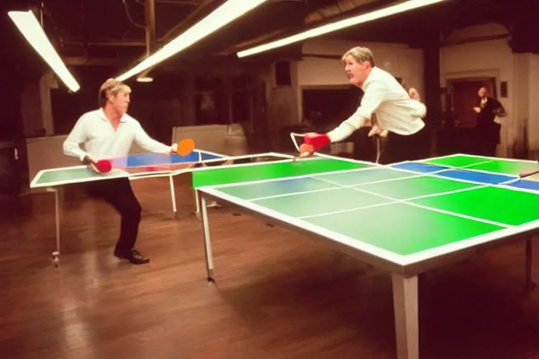 Prompt: Hugh Laurie and Stephen Fry playing table tennis, neon lighting