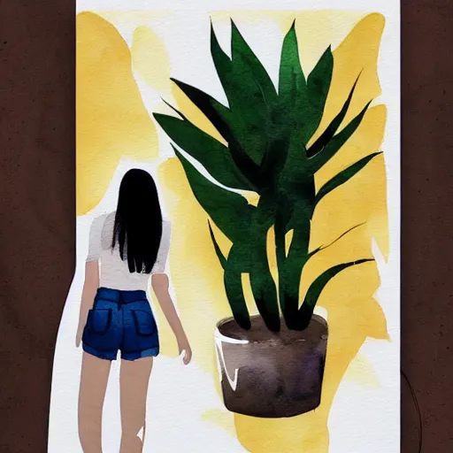 Image similar to a room full of beautiful house plants and a pretty woman with pale skin, long black hair with bangs, wearing shorts and t shirt, walking happily, abstract, golden light, beautiful watercolor art trending on artstation
