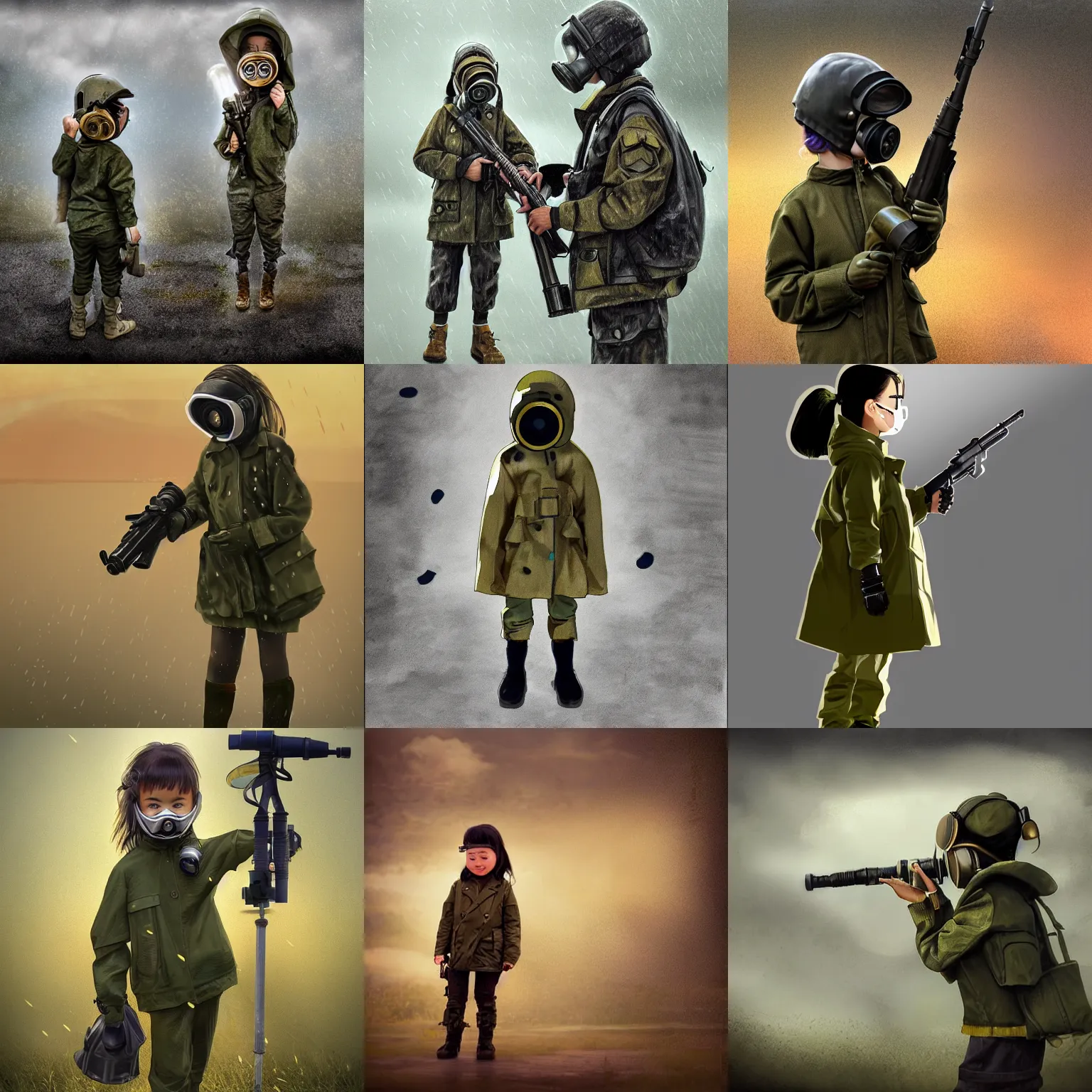 Prompt: detailing photo realistic concept art of child girl wearing army gas mask and rain coat with bazooka, golden hour