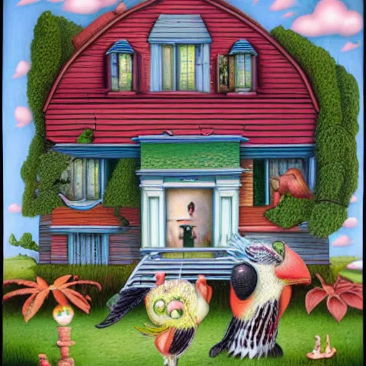 Image similar to anamorphic birds walking past a house, lowbrow surrealistic, in the style of Mark Ryden,