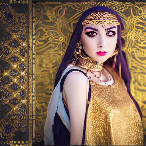 Prompt: female genie, arabic outfit, gold tint, modelsociety, radiant skin, huge anime eyes, RTX on, perfect face, intricate, Sony a7R IV, symmetric balance, polarizing filter, Photolab, Lightroom, 4K, Photography Award