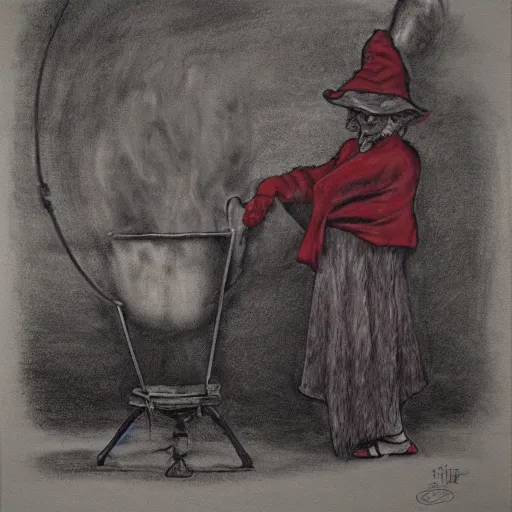 Prompt: An old wrinkled witch stirring her cauldron. Red chalk on paper mounted on board.