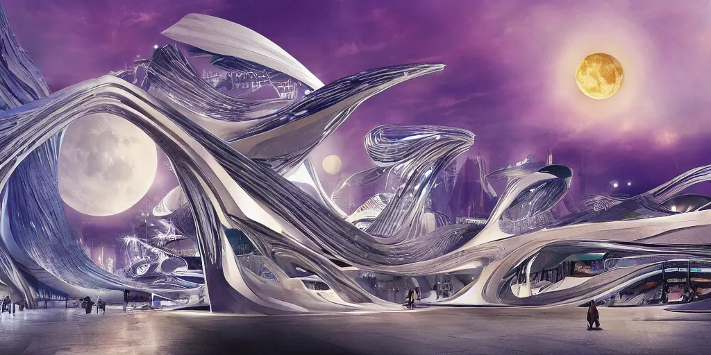 Prompt: fantasy city with moon by zaha Hadid with crowded street trending on artsation