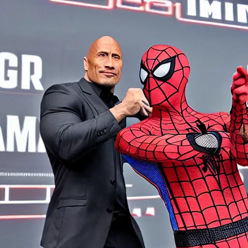 Image similar to dwayne johnson promo on ring wearing spiderman costumes