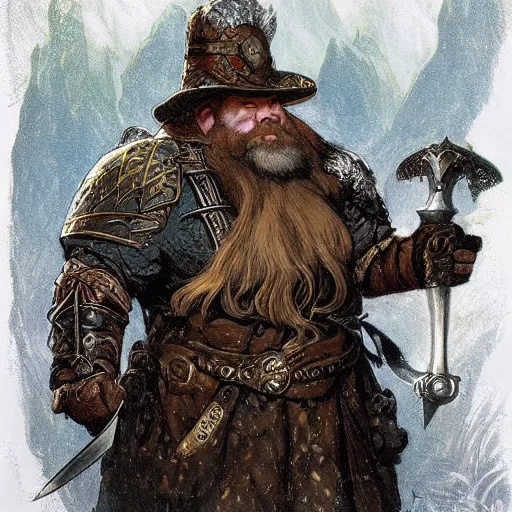 Prompt: Dwarven ranger. Epic portrait by james gurney and Alfonso mucha (lotr, witcher 3, dnd, dragon age, gladiator, scoia'tael).