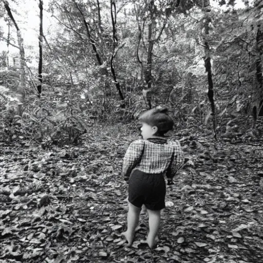 Prompt: kid looking at camera in forest at night, far away from camera, 70s photo, out of focus, motion blur, cctv footage