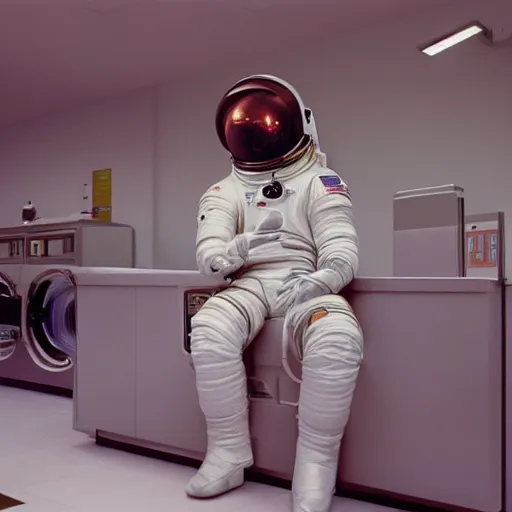 Image similar to a beautiful photo of an astronaut waiting in a laundromat, 1970', soft light, morning light, photorealistic, realistic, octane, 8k, cinematic shot