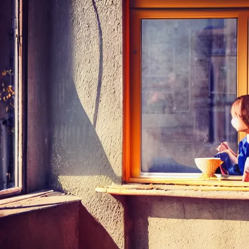 Image similar to a thin, pretty young Romanian girl sits near the window of a cute seaside Cafe with an espresso, golden morning light, cozy, plants, Spirited Away
