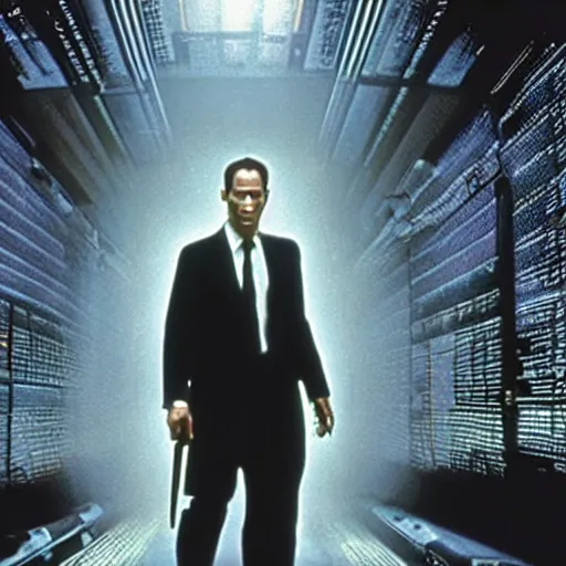 Image similar to A still image of Keanu Reeves as agent Smith in Matrix (1999)