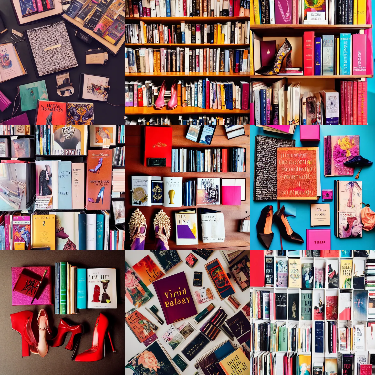 Prompt: flatlay book collection, vivid colors, dramatic lighting, high - heeled shoes