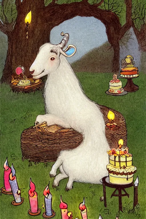 Prompt: an elderly goat with a long white beard, sitting in front of a birthday cake with lit candles, in the style of a children's book illustration, by elsa beskow, cute, highly detailed digital art