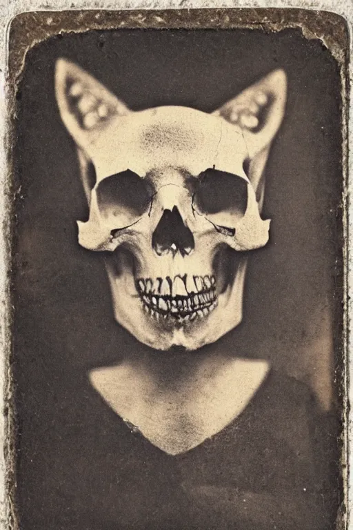 Prompt: skull of fox, old vintage photography, damaged photo, daguerreotype, ambrotype, black and white, archive, film artifacts, scratches, tears, hyperrealistic, ultra detailed