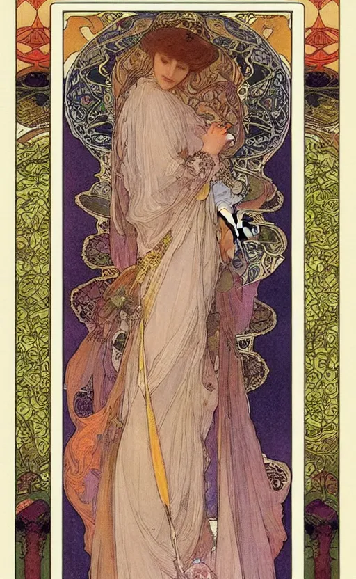 Image similar to the empress, tarot, beautiful border, by alfons maria mucha, highly detailded