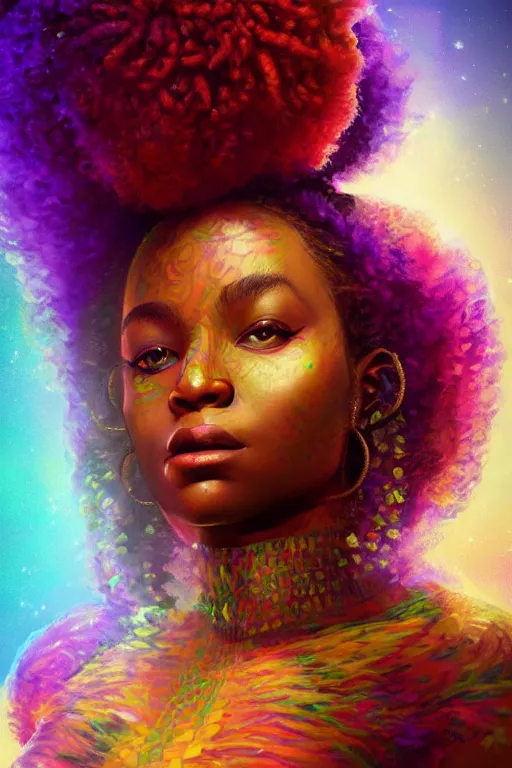Prompt: stunning breathtaking portrait of an afro goddess, pregnant, realistic concept art, afrofuturism, braided hair, beautiful volumetric lighting, a vibrant color explosion in bokeh background, trending on artstation, photorealism, smooth