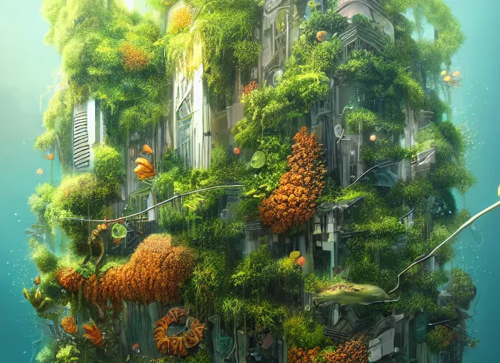 Prompt: overgrown foliage overtaking tall buildings, underwater environment, storefronts, coral, scenery, professional, award - winning, trending on artstation, hyper detailed, realistic, beautiful, emotional, shiny, golden, picture