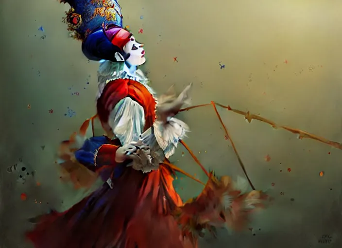 Image similar to award winning digital art of a magnificent pierrot jester wearing a traditional pierrot outfit, performing at a magnificent carnival, beautiful background, trending artstation, digital art, aesthetic, bloom, intricate, elegant, sharp focus, digital illustration, highly detailed, octane render, digital painting, concept art, art by ruan jia and greg rutkowski and sachin teng, masterpiece