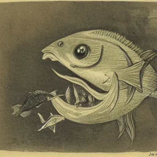 Prompt: a fish eating a small fish by john tenniel