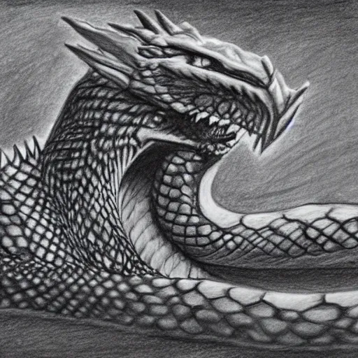 Prompt: pencil drawing of a realistic serpentine dragon