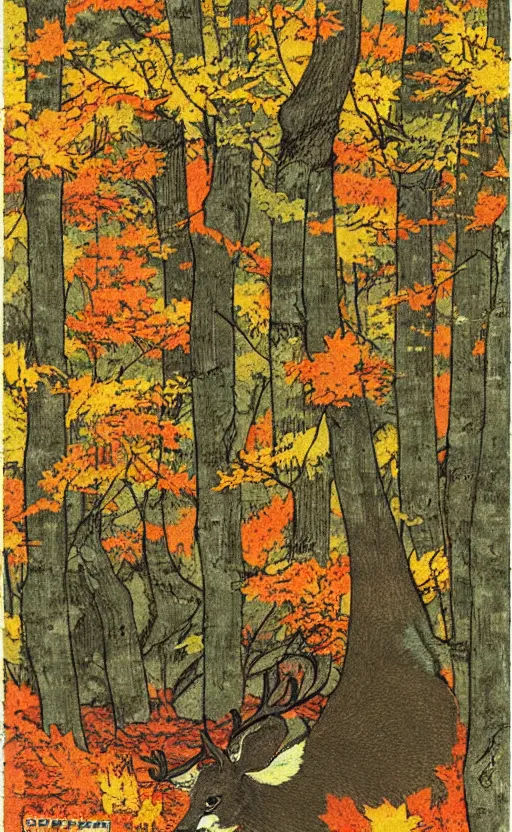 Prompt: by akio watanabe, manga art, a deer is jumping around in maple forest, fall season, trading card front