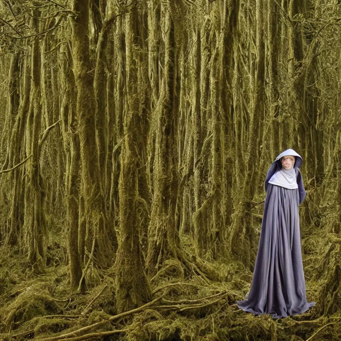 Image similar to a woman wearing a hood made of wire and plastic, in vast mossy forest, by jan van eyck, canon eos c 3 0 0, ƒ 1. 8, 3 5 mm, 8 k, medium - format print