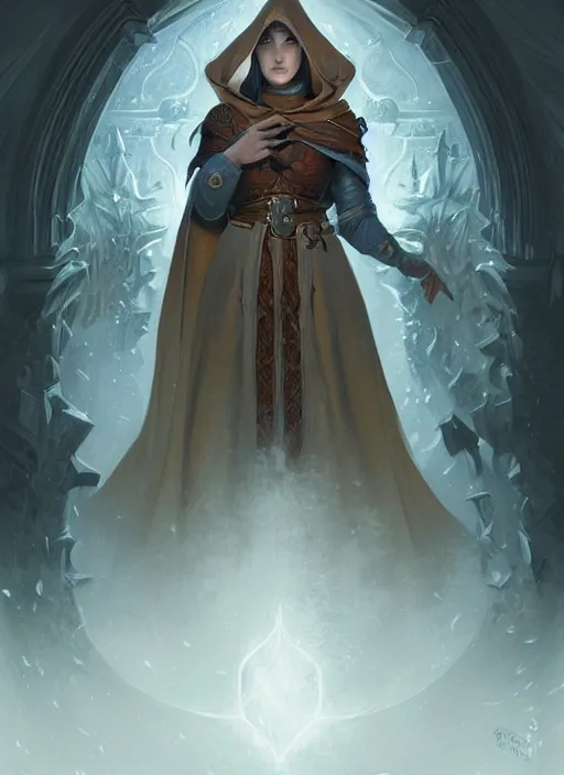 Image similar to hooded cleric, deep focus, d & d, fantasy, intricate, elegant, highly detailed, digital painting, artstation, concept art, matte, sharp focus, illustration, hearthstone, art by artgerm and greg rutkowski and alphonse mucha