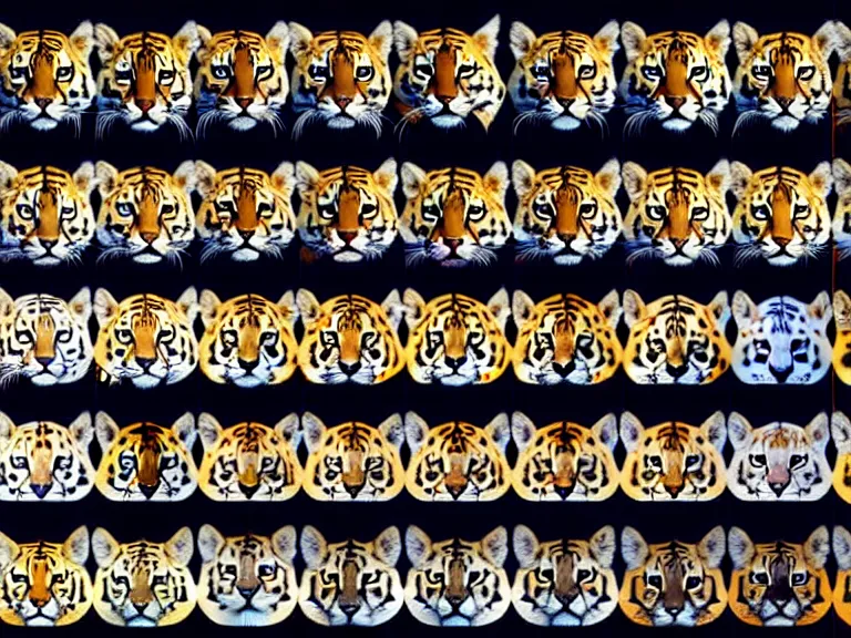 Prompt: multiple, side by side, portrait of different felidae, tiger, lynx, serval, cougar, ocelot, caracal, puma, leopard, panther, jaguar, highly detailed, digital art