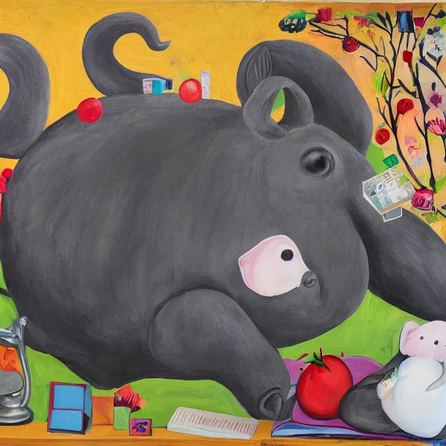 Image similar to giant zen pig, a portrait in a female artist's bedroom, black walls, emo girl with plushies, sheet music, berries, surgical supplies, pancakes, black flowers, sensual, octopus, neo - expressionism, surrealism, acrylic and spray paint and oilstick on canvas