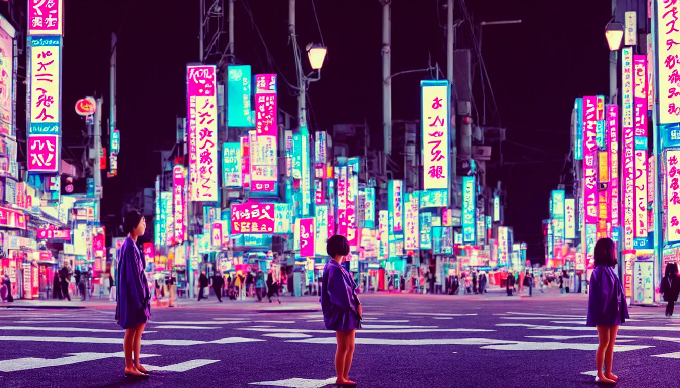 Prompt: 90s neon movie still. japanese city at night. Girl stands in the middle of a crosswalk wearing a kimono. She is looking up at an advertisement. hyperrealistic, high definition, medium format photography, highly detailed, technicolor, anamorphic 50mm lens