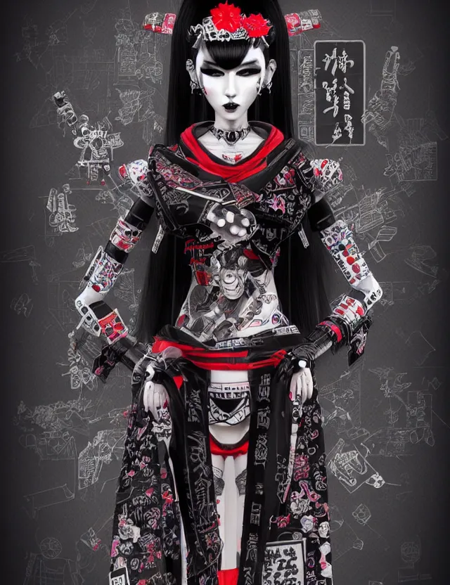 Image similar to full body portrait of a gothic style punk geisha robot with kanji tattoos and decals wearing a digital pixelated kimono, intricate design, photo - realistic, octane render, ultra fine detailed, character design, trending on artstation