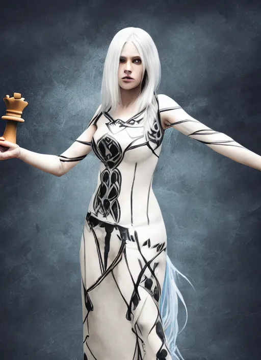 Image similar to An epic fantasy comic book style full body painting of a pale girl with long straight white hair, she is wearing a dress with a chess pattern, Unreal 5, DAZ, hyperrealistic, octane render, cosplay, RPG portrait, dynamic lighting