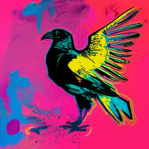 Prompt: illustration of cyberpunk raven, colorful splatters, by andy warhol and by zac retz and by kezie demessance