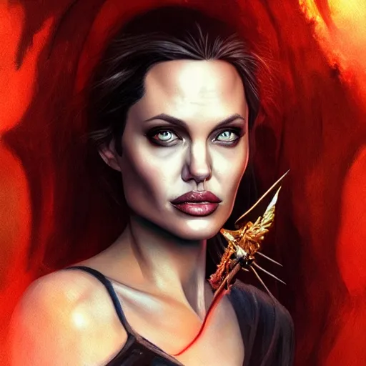 Image similar to Angelina Jolie as Lucifer Morningstar, highly detailed, digital painting, artstation, concept art, smooth, sharp focus, illustration, ArtStation, art by Katsuhiro Otomo and Tom Bagshaw