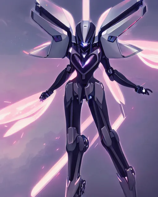 Prompt: uncropped stealthy feminine mecha ( with futuristic jet armor and wings ) with a heart visor helmet, symphogear, full body character portrait, hi - tech, trending on artstation, pastel armor, digital painting, concept art, sharp focus, illustration, art by wlop and greg rutkowski